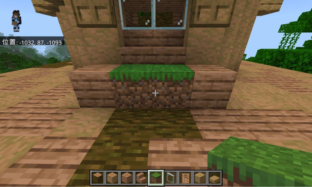 板ガラスの横に「オークのトラップドア」を設置して、下に「草ブロック」と「ジャングルの板材」を置く