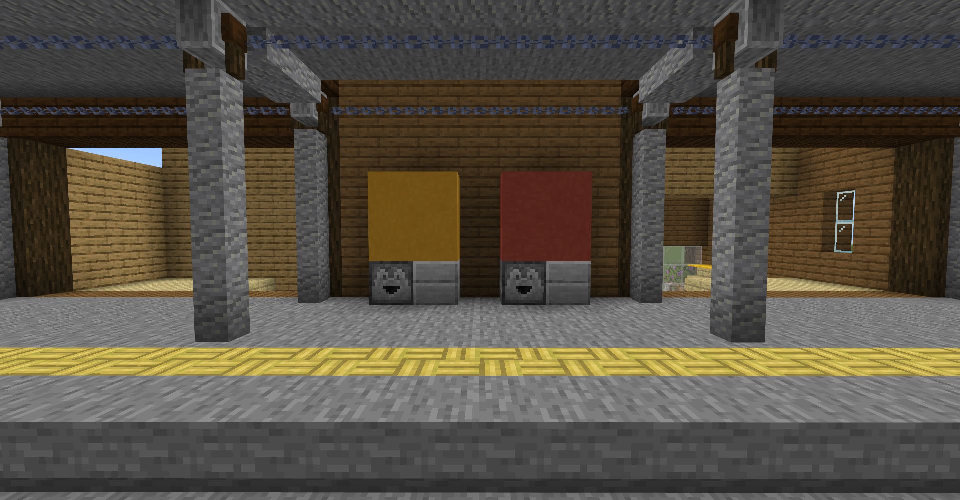 「黄色のテラコッタ」「赤色のテラコッタ」を4個ずつ、下には「ドロッパー」と「石のハーフブロック」2個を設置